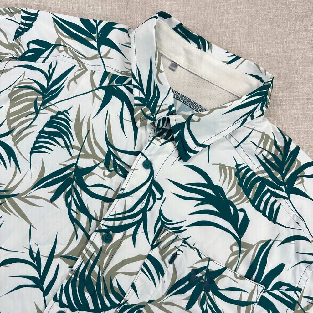 Under Armour Dockside Shirt Mens XL White Tropical Palm Fishing Button Down EUC